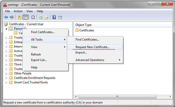 Запрос нового сертификата Microsoft через certmgr.msc