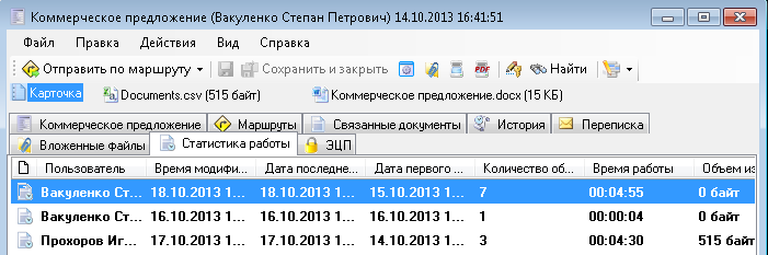 Статистика работы с документом